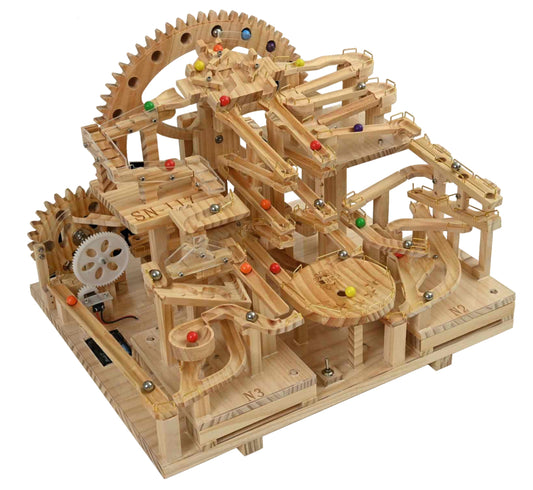 SN-117 Triple Flipper Chutes and Bowls — Wooden Marble Run Kit with 2 Modules